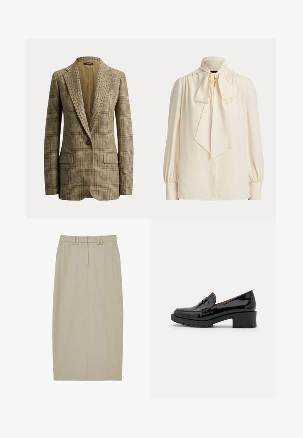Brun og beige ternet blazer med enkelt knap, knaphulsrevers og forlommer med klapper, vist på en hvid baggrund.; Langærmet cremefarvet bluse med høj krave og en stor bundet sløjfe ved halsen, med rynkede skuldre og manchetærmer.; Beige blyantskørt lavet af glat stof, med to forlommer, en enkelt midternaht og en talje med to vandrette bæltestropper.; Sorte patenterede lædersko med en lav, chunky hæl, der har en frontrem detail og en tekstureret gummisål for godt greb.