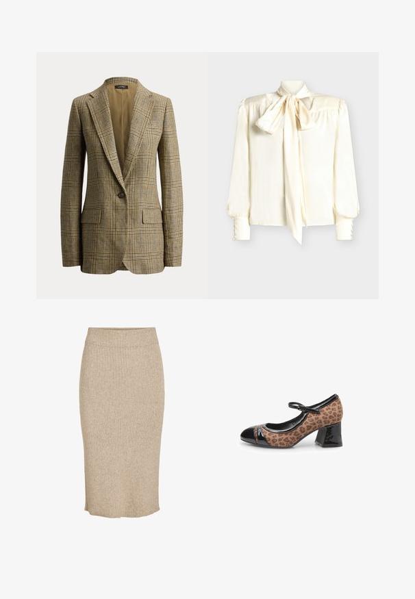 Brun og beige ternet blazer med enkelt knap, knaphulsrevers og forlommer med klapper, vist på en hvid baggrund.; Flødefarvet bluse med sløjfehals, lange ærmer med knapdetaljer ved manchetterne og en glat, skinnende tekstur.; Strik nederdel i en lys beige farve med lodret ribbestruktur, knælang med elastisk talje og lige skæring.; Mary Jane sko med en leopardmønsteret stofoverdel, sorte lakdetaljer ved tå og hæl, samt en chunky hæl. Justerbar rem inkluderet.