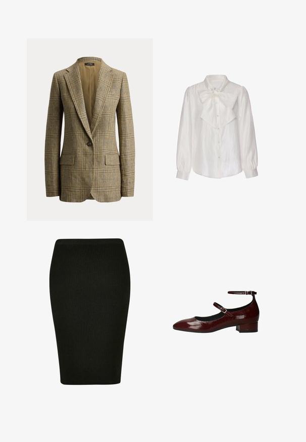 Blazer à carreaux marron et beige à un seul bouton, avec revers à crans et poches avant à rabat, présenté sur un fond blanc uni.; Blouse blanche en satin à manches longues avec boutons en perles et grand nœud décoratif noué au col, poignets ajustés.; Jupe crayon noire à côtes avec un design ajusté. Dotée d'une taille haute et d'un tissu texturé, offrant une silhouette lisse.; Ballerines en cuir verni bordeaux avec un nez pointu, une sangle de cheville ajustable et un petit talon block. Texture lisse et design épuré.