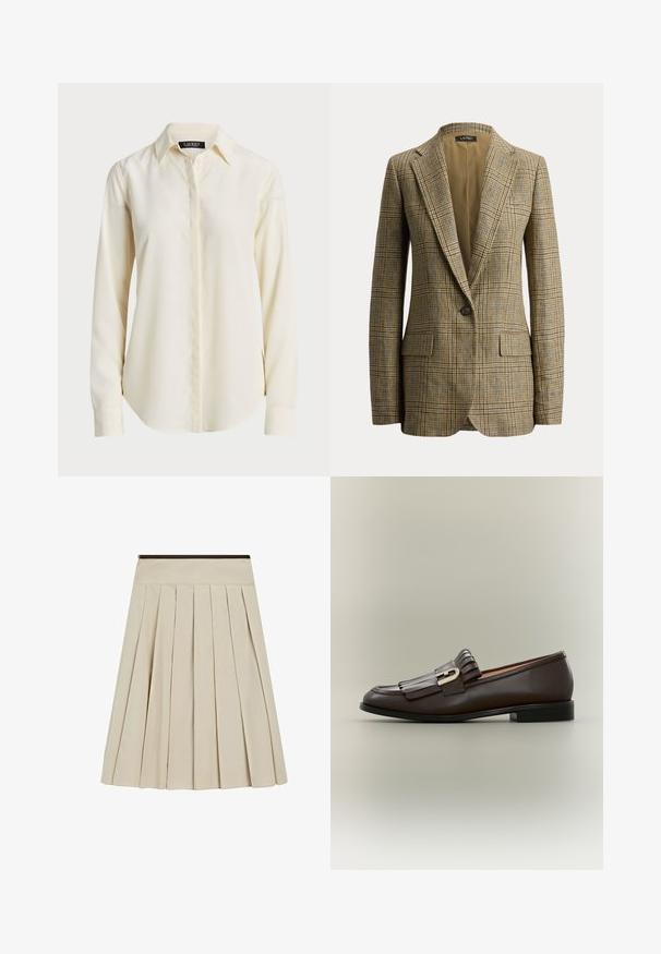 Brun og beige ternet blazer med enkelt knap, knaphulsrevers og forlommer med klapper, vist på en hvid baggrund.; Lys cremefarvet langærmet skjorte med spids krave, knaplukning i front og glat tekstur; har en rundet kant og skræddersyet pasform.; Beige knælængde plisseret nederdel med en tætsiddende talje og lynlås på venstre side.; Mørkebrune læderloafer med frynsedetalje og guldbeslag på en neutral baggrund, sidevisning.