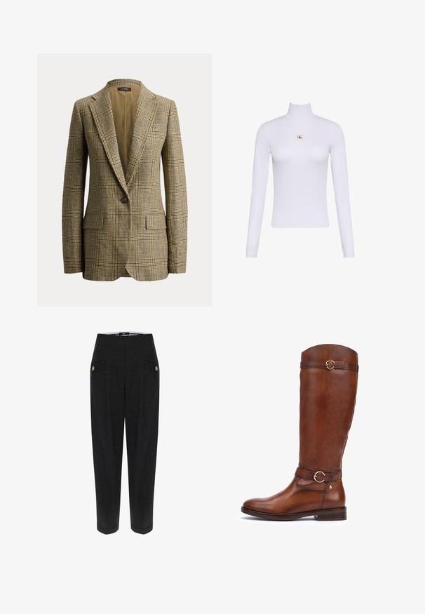 Blazer de cuadros marrón y beige con un solo botón, solapas con muesca y bolsillos delanteros con solapa, mostrado sobre un fondo blanco liso.; Top blanco de manga larga con cuello vuelto y un pequeño parche con el logo de Calvin Klein centrado en el pecho.; Pantalones negros a medida con un tejido texturizado, que presentan bolsillos frontales, acentos de botones en tono dorado y una silueta ajustada.; Botas de cuero marrón hasta la rodilla con un acabado suave, puntera redondeada, una correa decorativa con una hebilla circular y un tacón bajo apilado.