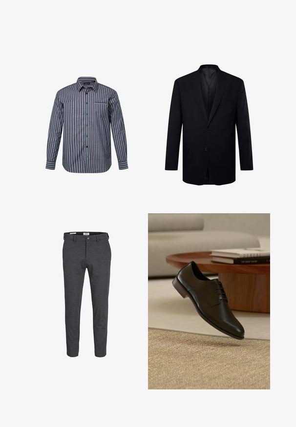 Sort blazer i glat stof, med klapkrave, enkelt knaplukning, brystlomme og to forlommer.; Stribet skjorte i mørkeblå med lyserøde og hvide lodrette striber. Den har lange ærmer, krave og en brystlomme.; Mørkegrå slim fit herrebukser med bæltestropper, forrest lukning med knapper og sidelommer, vist mod en hvid baggrund.; Sort lædersko med snørebånd, der svæver over et tekstureret beige tæppe i en moderne stue med et træbord og bøger.