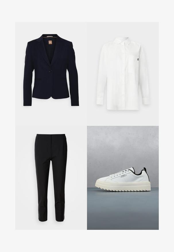 Blazer bleu marine avec un design ajusté, fermeture à un bouton, revers crantés et deux poches avant. Fabriqué à partir d'un tissu lisse et structuré.; Chemise blanche à manches longues en tissu mélangé coton, dotée d'un col à boutons, d'une poche avant et d'un petit logo noir sur la poitrine.; Un pantalon noir avec une coupe droite, fabriqué en tissu lisse. Présente des accents zippés sur les côtés inférieurs. Un style épuré et minimaliste.; Baskets blanches en cuir avec une semelle épaisse et texturée au design dentelé. Des accents noirs sur le talon et la languette ajoutent du contraste.