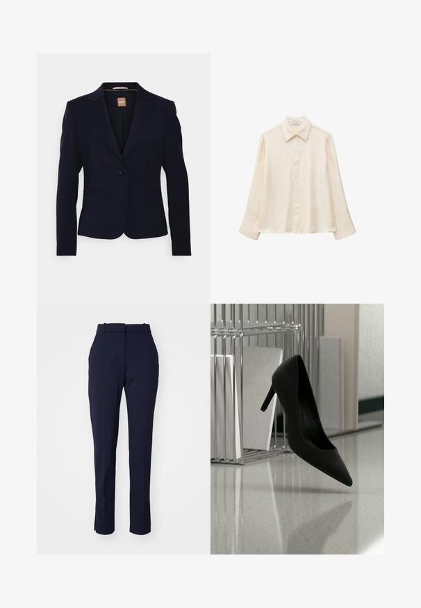 Blazer bleu marine avec un design ajusté, fermeture à un bouton, revers crantés et deux poches avant. Fabriqué à partir d'un tissu lisse et structuré.; Chemisier en soie crème à manches longues avec col pointu et fermeture à boutons devant, présenté sur fond blanc uni. Aucun motif ou dessin visible.; Pantalons ajustés bleu marine avec un motif à rayures verticales, coupe fuselée, passants de ceinture et sans fermetures ni poches visibles. Texture lisse.; Chaussure noire à talons hauts équilibrée sur son talon sur un comptoir réfléchissant près de porte-dossiers métalliques avec des dossiers blancs.