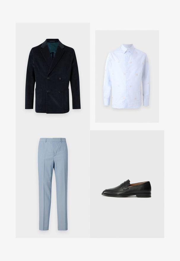Blazer croisé en velours côtelé marine foncé, doté de deux poches avant et d'une doublure intérieure contrastante en teal.; Chemise bleu clair à manches longues boutonnée, avec un col pointu et de petites broderies florales pêche éparpillées.; Pantalons rayés bleu clair à coupe slim, dotés de rayures verticales blanches. Fabriqués à partir d'un tissu lisse avec un design ajusté.; Mocassin en cuir noir avec un bout arrondi, des coutures subtiles et un talon bas, présentant une texture lisse et un design minimaliste.