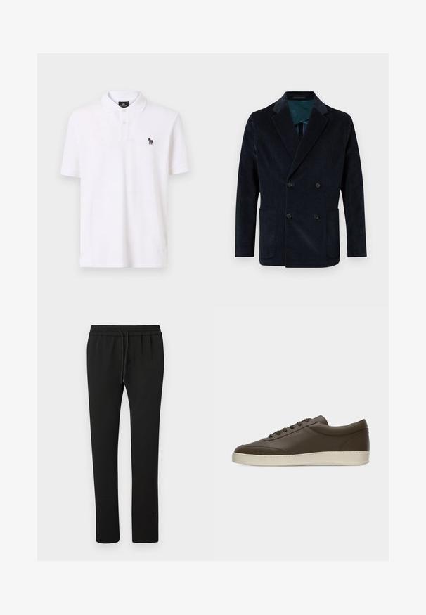 Blazer de corte cruzado en un oscuro azul marino hecho de pana, con dos bolsillos frontales y un forro interior en teal contrastante.; Camisa polo blanca de algodón, con un cuello clásico, una tapeta de dos botones y un pequeño logo de cebra multicolor en el pecho.; Pantalones jogger negros con cinturilla elástica y cordón. Confeccionados en tejido suave, presentan un diseño de pierna ajustada y detalles mínimos.; Zapatilla deportiva de cuero marrón oscuro, de corte bajo, con cierre de cordones y suela de goma color crema, vista desde el lado exterior sobre fondo blanco.