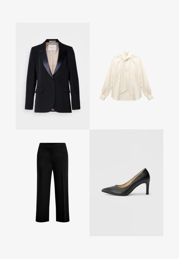 Schwarzer Blazer mit Satinrevers, Ein-Knopf-Verschluss, zwei Fronttaschen und beigem Futter. Das Etikett trägt die Aufschrift "GANT." Klassisches, tailliertes Design.; Cremefarbene Bluse aus glattem Stoff, mit hochgeschlossenem Kragen, Bindedetails, langen, luftigen Ärmeln und gerafften Akzenten an den Schultern.; Schwarze, weite Hosen aus glattem Stoff mit zwei vorderen Taschen und einem flachen Bund. Maßgeschneiderter Schnitt mit klarer Silhouette.; Schwarzer Damenpumps aus Leder mit spitzer Zehenpartie und schlankem Absatz, versehen mit einer glatten Textur und minimalistischem Design.