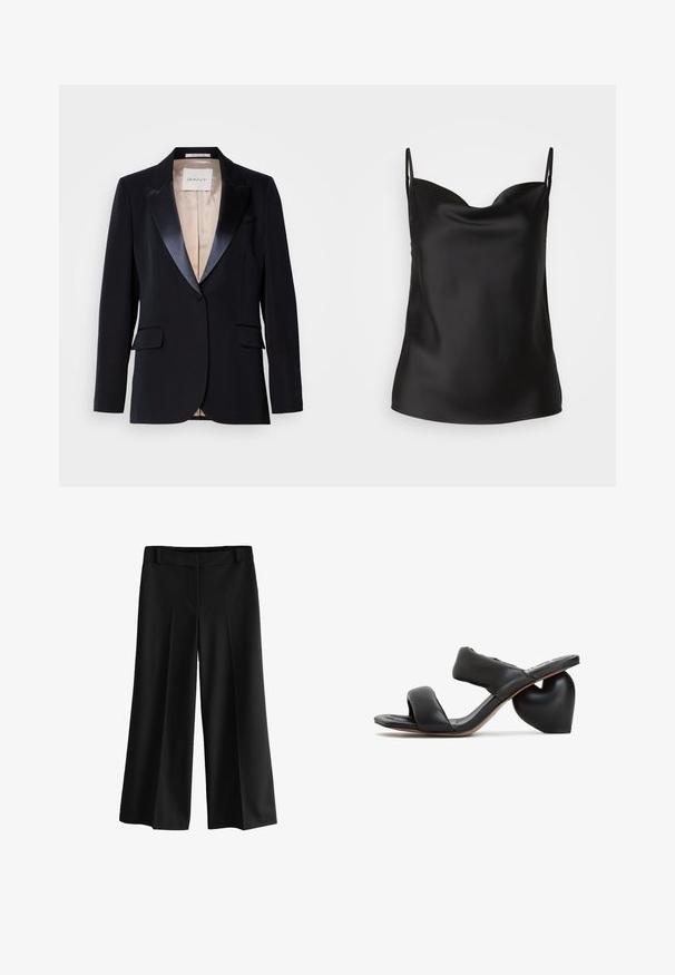 Blazer negro con solapas de satén, cierre de un solo botón, dos bolsillos frontales y forro beige. Etiqueta que dice "GANT". Diseño clásico y a medida.; Camisón de satén negro con un escote pronunciado, tirantes finos y una textura suave y brillante. Diseño simple y clásico sin adornos.; Pantalones anchos negros con una tela suave, que presentan una cintura alta, pliegues y un diseño a medida. Sin herrajes visibles ni patrones.; Sandalias deslizantes de cuero negro con un tacón en forma de corazón. Presenta dos tiras anchas y una superficie suave y texturizada. Suela de goma duradera.