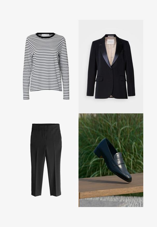 Sort blazer med satinrevers, enkelt knappelukning, to forlommer og en beige foring. Etiketten viser "GANT." Klassisk skræddersyet design.; Hvid langærmet skjorte med sorte vandrette striber og en sort rund hals, vist på en ensartet hvid baggrund.; Sorte cropped bukser med bred talje, der har en glat tekstur, tapered ben og sideslids i kanten for ekstra detalje.; Sort læderloafer med lav hæl, der balancerer på kanten af en træbænk udendørs med højt grønt græs i baggrunden.