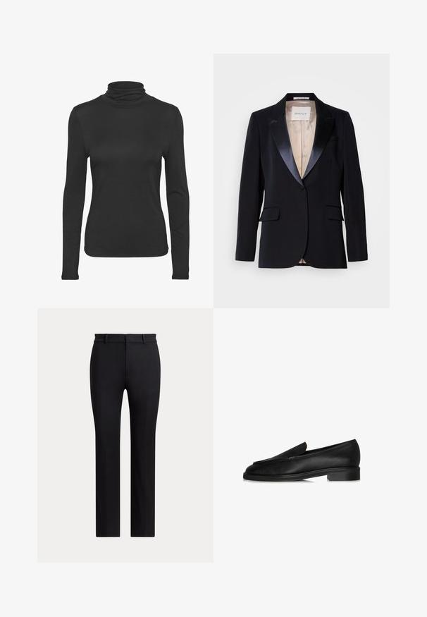 Blazer negro con solapas de satén, cierre de un solo botón, dos bolsillos frontales y forro beige. Etiqueta que dice "GANT". Diseño clásico y a medida.; Camiseta negra de manga larga y cuello alto, hecha de un tejido suave y elástico. Presenta un diseño ajustado y un clásico cuello alto.; Pantalones negros de pierna recta con trabillas y un corte ajustado, mostrados sobre un fondo claro y liso.; Mocasines de cuero negro con suela plana, presentando un diseño cosido y un sutil detalle en la parte superior. Textura suave y una silueta elegante.