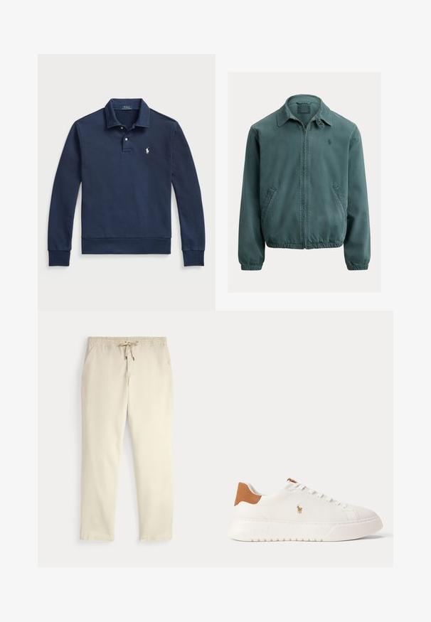 Roheline puuvillane jakk terava kraega, ees tõmblukuga ja küljetaskutega. Omadused sisaldavad elastseid varrukaotsi ja väike logo rinnal.; Polo Ralph Lauren LOOPBACK COLLARED SWEATSHIRT - Pusa - cruise navy; Kreemjatavad vabaaja püksid elastse vöökoha ja tõmbluku, sirgete jalgade ja küljetaskutega tavalise tausta ees.; Valged madala säärega tossud, pruun kannaosa, valged paelad ja väike tikandiga polo mängija logo külje peal paksu taldmiku kohal.