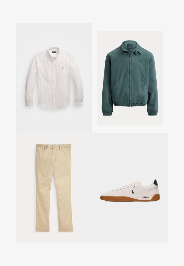Groene katoenen jas met een puntkraag, rits aan de voorkant en zijzakken. Voorzien van elastische manchetten en een klein logo op de borst.; Witte button-up blouse met dunne verticale strepen in lichtbeige. Heeft een klassieke kraag, lange mouwen en een klein geborduurd logo op de borst.; Beige broek met rechte pijpen, ceintuurlussen en een voorrits, plat gelegd tegen een witte achtergrond.; Witte lage sneaker met een bruine rubberen zool, zwart Polo Ralph Lauren-logo aan de zijkant en de tekst "RL" op het hielgedeelte.