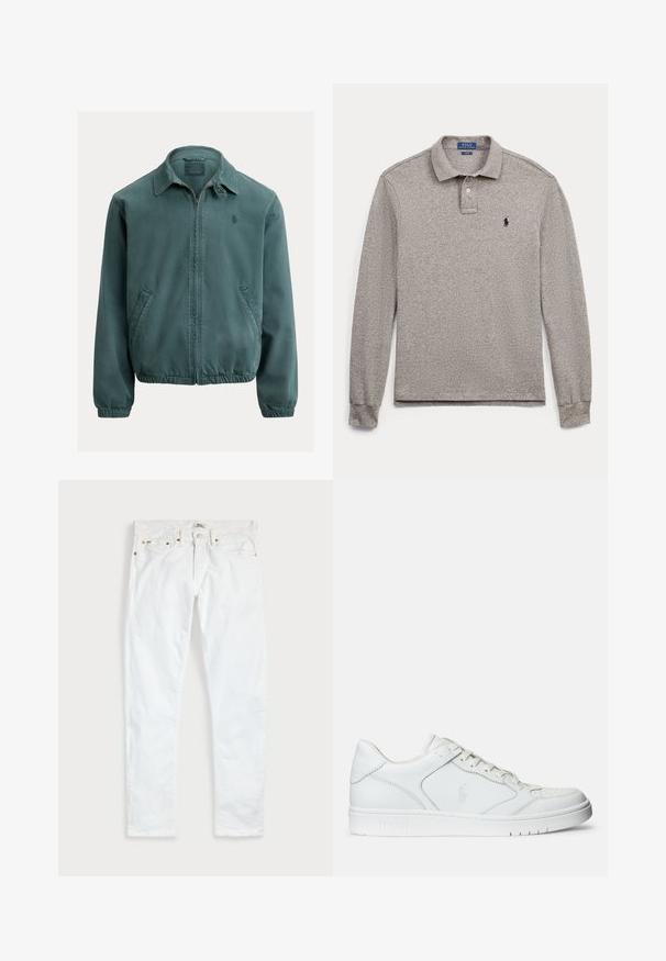 Groene katoenen jas met een puntkraag, rits aan de voorkant en zijzakken. Voorzien van elastische manchetten en een klein logo op de borst.; Grijs poloshirt met lange mouwen, kraag, twee knopen en klein zwart geborduurd logo op de linkerborst.; Witte slim-fit jeans met vijf zakken, knoopsluiting en riemlussen, plat gelegd op een effen lichte achtergrond.; Witte leren sneaker met een gladde textuur, voorzien van een geperforeerde neus, vetersluiting en geborduurde logo aan de zijkant. Witte rubberen zool.