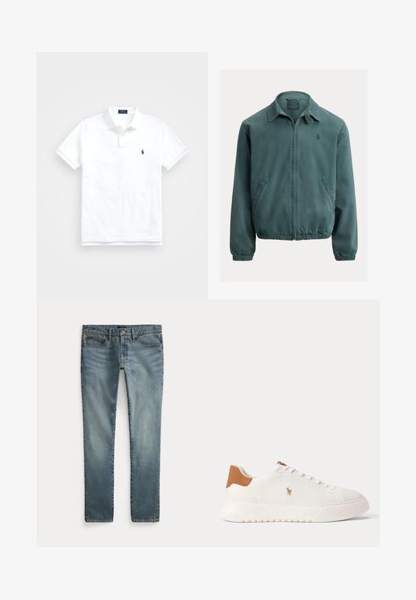 Grüne Baumwolljacke mit spitzem Kragen, Frontreißverschluss und Seitentaschen. Verfügt über elastische Bündchen und ein kleines Logo auf der Brust.; Weißes Poloshirt mit kurzen Ärmeln, Kragen, zwei Knöpfen und kleinem dunkelblau besticktem Logo auf der linken Brust.; Blaue Jeans mit geradem Bein, vorderen Taschen, Gürtelschlaufen und Knopfverschluss.; Weißer Sneaker mit niedrigem Schaft, beige Fersenlasche, weißen Schnürsenkeln und kleinem, besticktem Polospieler-Logo an der Seite über einer dicken Sohle.