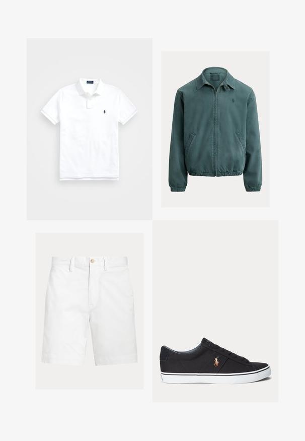 Veste en coton verte avec col pointu, fermeture éclair à l'avant et poches latérales. Comprend des poignets élastiques et un petit logo sur la poitrine.; Polo blanc à manches courtes avec col, deux boutons et petit logo brodé bleu marine sur la poitrine gauche.; Short blanc jusqu'aux genoux avec passants de ceinture et fermeture par un bouton marron à la taille, présenté sur un fond uni.; Baskets basses noires avec semelle en caoutchouc blanche et logo brodé de cheval marron sur le côté.