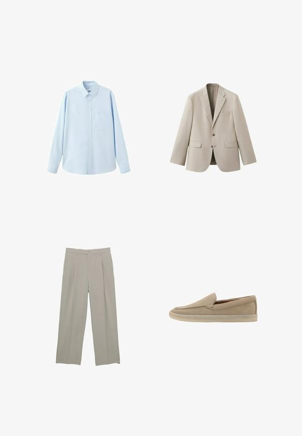 Blazer beige simple boutonnage avec revers crantés, deux poches à rabat à l'avant, poche poitrine et deux boutons marron.; Chemise bleu clair à manches longues avec boutons, col pointu et poche poitrine, présentée sur fond blanc.; Pantalons larges gris clair avec une texture lisse, dotés de plis à l'avant, d'une fermeture à bouton et de poches latérales.; Mocassin beige en daim à enfiler, semelle en caoutchouc clair, petit talon et coutures discrètes le long du bord supérieur.