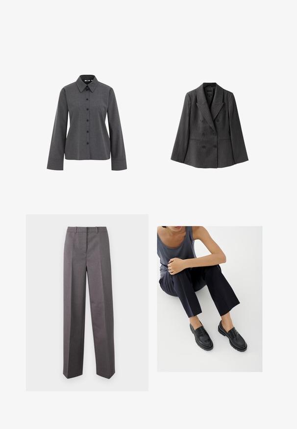 Dunkelgrauer Nadelstreifen-Doppelreiher-Blazer mit breitem Revers, sechs Knöpfen und zwei Fronttaschen auf weißem Hintergrund.; WE Fashion Hemdbluse - grey; Grau maßgeschneiderte Hose aus strukturiertem Stoff, mit geradem Bein, flacher Vorderseite und Gürtelschlaufen.; Schwarze Leder-Loafer mit strukturierten Akzenten, niedrigem Absatz, rundem Zehenbereich und sichtbarer Naht. Das Modell trägt dunkle Hosen und ein graues Oberteil.
