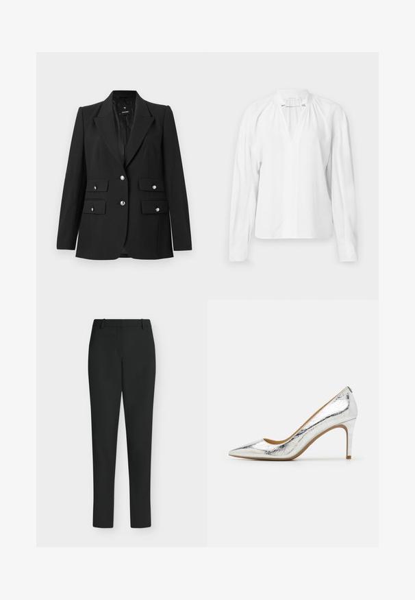 Zwarte blazer van gladde stof, met een geknikte kraag, twee knoopsluitingen en twee voorklappockets met glanzende zilveren knopen.; Witte blouse met lange mouwen en een V-hals, met geplooide details bij de halslijn en een gladde, lichte stof. Eenvoudig en minimalistisch ontwerp.; Zwarte slim fit broek met riemlussen, voorrits en rechte pijpen, getoond tegen een witte achtergrond.; Zilveren metallic puntige hoge hak schoen met een gladde textuur, 10 cm hoge hak en subtiel geplooid patroon op het oppervlak.