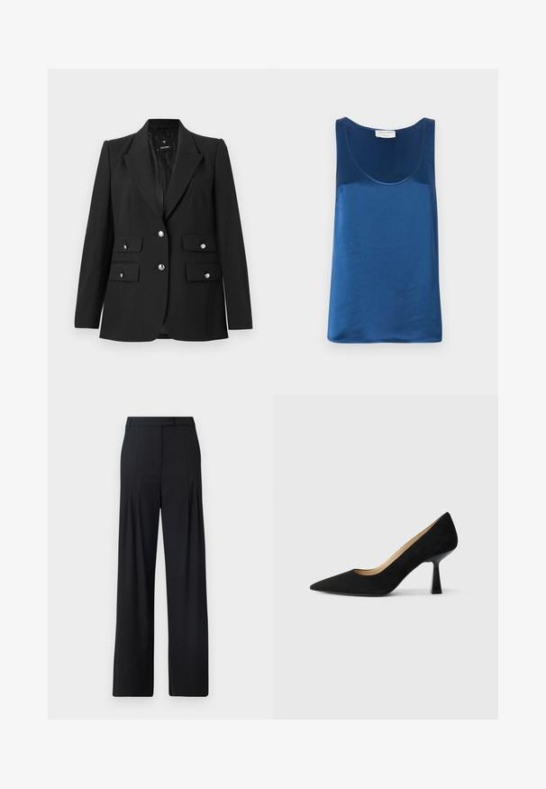 Blazer noir en tissu lisse, mettant en avant un col cranté, deux fermetures à bouton, et deux poches à rabat avant avec des boutons en argent brillant.; Débardeur en satin bleu avec un col rond et de larges bretelles, texture lisse et coupe décontractée.; Pantalons larges noirs avec un devant plat, des plis et une taille ajustée. Fabriqués en tissu lisse et léger.; Pompe à talons hauts en suède noir avec un bout pointu, dotée d'un talon bloc noir brillant et d'une doublure intérieure lisse.