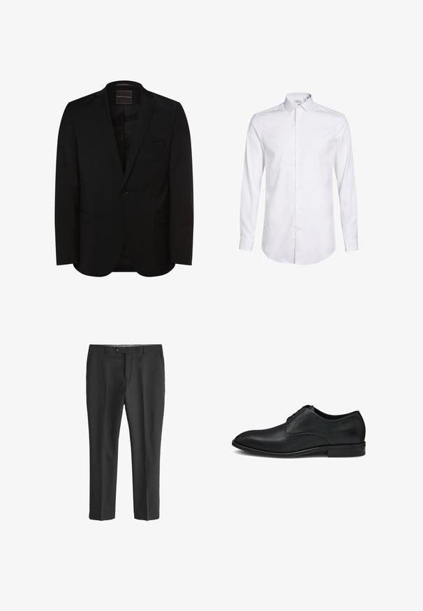 Zwarte blazer met een enkele knoopsluiting, gelapte revers, twee voorzakken en een gladde satijnen voering. Gepersonaliseerde, gestructureerde pasvorm.; Witte lange mouwen shirt van katoen. Heeft een puntige kraag, volledige knoopsluiting aan de voorkant en manchetten. Soepele textuur, geen patronen.; Zwarte broeken van lichtgewicht stof, met een rechte pasvorm, knoopsluiting en voortassen. Vloeiende textuur zonder patronen.; Zwarte leren nette schoen met een gladde afwerking, ronde neus en een vetersluiting met vijf oogjes, voorzien van subtiele stikdetails.