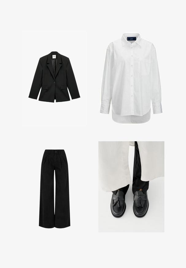 Blazer noir ajusté en tissu structuré, avec un revers cranté, une fermeture à un bouton et deux poches avant.; Chemise blanche à manches longues en coton doux avec un col boutonné, une poche à l'avant et un ourlet arrondi. Présente un empiècement au dos pour plus de structure.; Pantalon noir taille haute à jambes larges avec plis devant, fermeture à boutons et passants pour ceinture, présenté sur fond blanc.; Mocassins en cuir noir avec des accents à pampilles, présentant un bout arrondi, des coutures décoratives et une finition lisse, portés avec un pantalon noir.