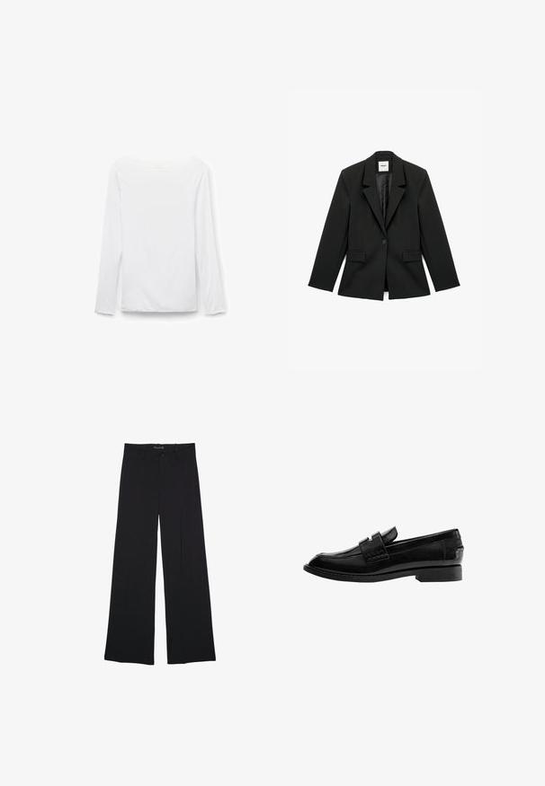 Schwarze taillierte Blazer aus strukturiertem Stoff, mit einem Reverskragen, einer Knopfverschluss und zwei frontalen Taschen.; Weißes Langarmshirt mit Bootsausschnitt, schlichtes Design, flach liegend vor weißem Hintergrund dargestellt, Vorderansicht sichtbar.; Schwarze Hosen mit weitem Bein, Gürtelschlaufen, vorderer Knopfleiste und Reißverschluss, flach auf einem weißen Hintergrund liegend.; Schwarzer Lederloafer mit glänzendem Finish, leicht spitzer Zehenpartie, Schlupfdesign und niedrigem rechteckigem Absatz mit gesteppten Details.