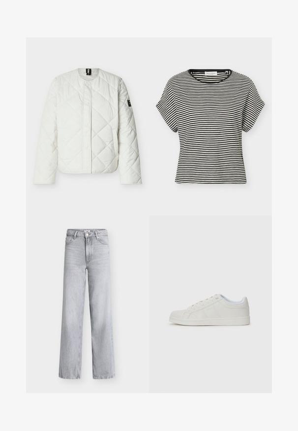 Hvid quiltet jakke med rund krave, trykknaplukning foran, lange ærmer og sidelommer, med sorte mærker på hals og ærme.; Sort-hvid kortærmet t-shirt med vandrette striber, rund halsudskæring og afslappet pasform.; Lysegrå denimjeans med vide ben, høj talje, fem lommer, knaplukning foran og rå kant detalje. Glat tekstur med minimal falmning.; Hvide sneakers med en glat læderoverdel, rund tå, flad sål og diskrete sidetavler. Snørret design med en blød inderside.