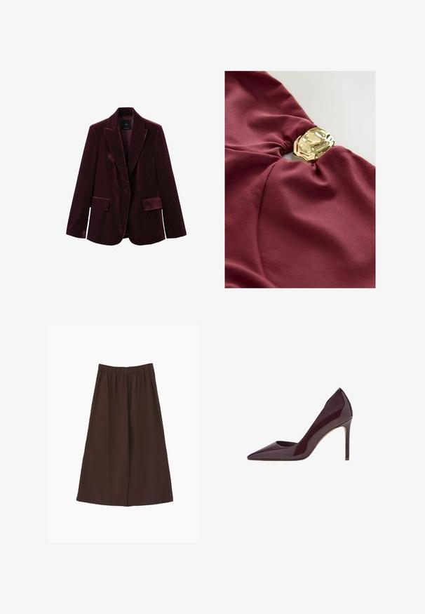 Bordeauxvelours blazer med klippede revers, enkelt knaplukning og to forlommer med en glat, blød tekstur.; Bordeaux stof med en glat overflade, prydet med en guld, uregelmæssigt formet accent. Den sammensamlede design i midten tiltrækker opmærksomhed til detaljen.; Brune vidde cropped bukser med elastisk talje, lavet af letvægtsstof, vist på en hvid baggrund.; Bordeaux patent læder højhælet pump, spids tå design, slank silhuet og stiletto hæl. Glat tekstur med blank finish.