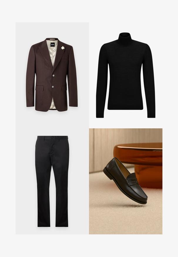 Meeste tumepruun bleiser kahe nupuga, sälklapiga, klapiga taskutega, kreemika voodriga ja vasakul lapil väike valge lille nael.; Musthave muströid ja pehmest materjalist must turtleneck, millel on pikad varrukad ja tihe istuvus. Ribaga ääris allservas ja vöökohal. Lihtne disain.; Mustad puuvillased püksid sirge jala disainiga, millel on ees nööp sulgemine ja küljetaskud, sile tekstuur, nähtavad mustrid puuduvad.; Mustast nahast loafer-tüüpi king ripub beežikal vaibal, taustal on merevaigu värvi moodne mööbel.