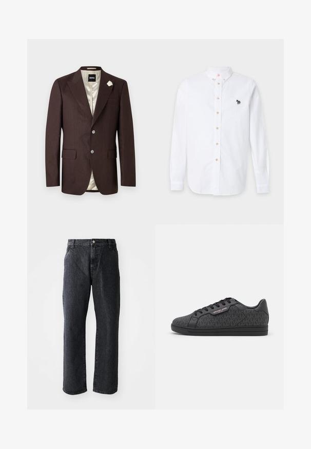 Blazer pour hommes de couleur brun foncé avec deux boutons, col cranté, poches à rabat, doublure crème et une petite épingle fleur blanche sur le revers gauche.; Chemise blanche à manches longues pour homme avec boutons beiges et un petit zèbre multicolore brodé sur la poitrine gauche.; Jeans en denim noir à coupe droite, avec une fermeture à bouton, cinq poches et une texture subtile. Design classique sans motifs proéminents.; Baskets noires dotées d'un dessus en tissu texturé avec un motif MK subtil, des accents en cuir noir et une semelle en caoutchouc noire.