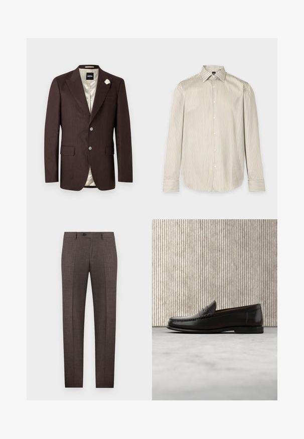 Blazer pour hommes de couleur brun foncé avec deux boutons, col cranté, poches à rabat, doublure crème et une petite épingle fleur blanche sur le revers gauche.; Chemise beige et blanche à rayures verticales, manches longues, col pointu et poignets boutonnés, présentée sur fond uni.; Pantalon habillé pour hommes sur mesure de couleur marron, avec passants de ceinture, fermeture à boutons sur le devant, et plis marqués, sur fond blanc.; Mocassin penny en cuir noir avec talon bas, bout arrondi et détails cousus à l'avant et sur les côtés, présenté sur un fond neutre.