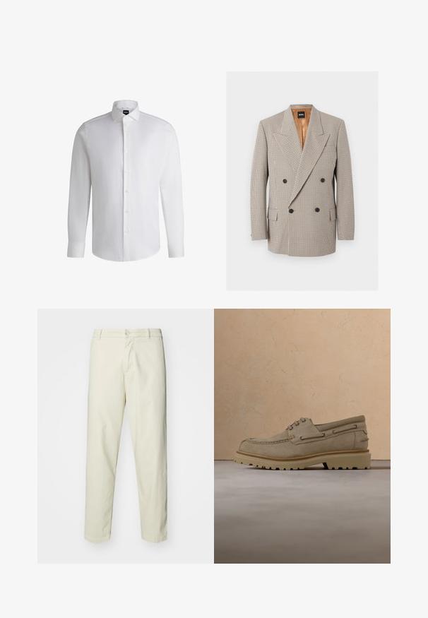 Veste beige croisée à motif à petits carreaux, larges revers, quatre boutons noirs et poches à rabat, doublée en satin marron clair.; Chemise blanche à manches longues en coton lisse, dotée d'un col classique, d'une patte de boutonnage complète et de poignets à bouton. Design minimaliste.; Pantalon en coton beige clair avec une coupe droite, dotés d'une fermeture à bouton à l'avant et de poches standard, texture lisse et sans motifs.; Chaussure décontractée beige en daim à lacets avec une semelle épaisse et rainurée, présentée en suspension au-dessus d'une surface texturée beige assortie et d'un arrière-plan.
