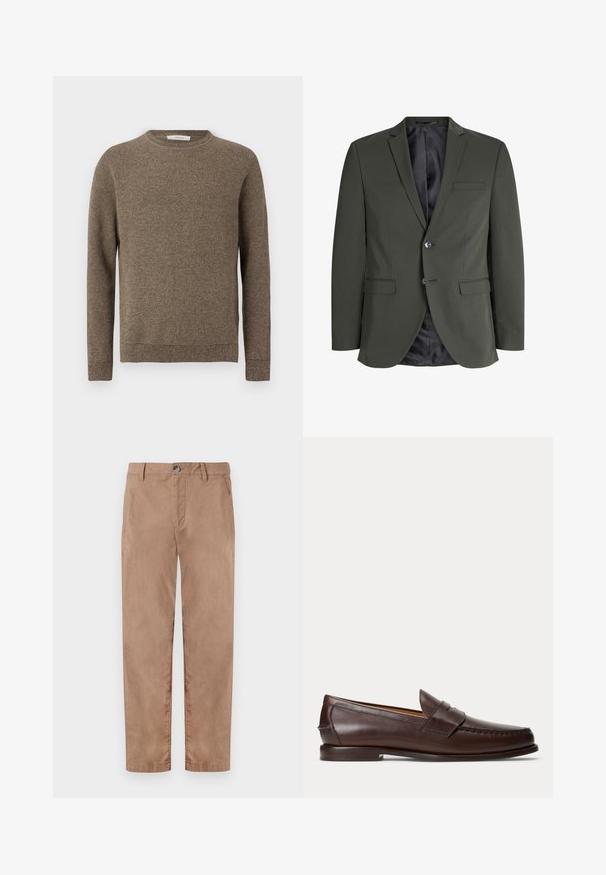 Blazer vert olive en tissu lisse, avec une fermeture à un bouton, des revers crantés et deux poches avant. Doublure intérieure.; Pull en tricot marron texturé à manches longues avec col rond et poignets et ourlet côtelés.; TOM TAILOR REGULAR WASHED - Chino - caribou beige; Mocassin penny en cuir marron foncé avec des détails de couture et un petit talon empilé, présenté de profil sur un fond uni.