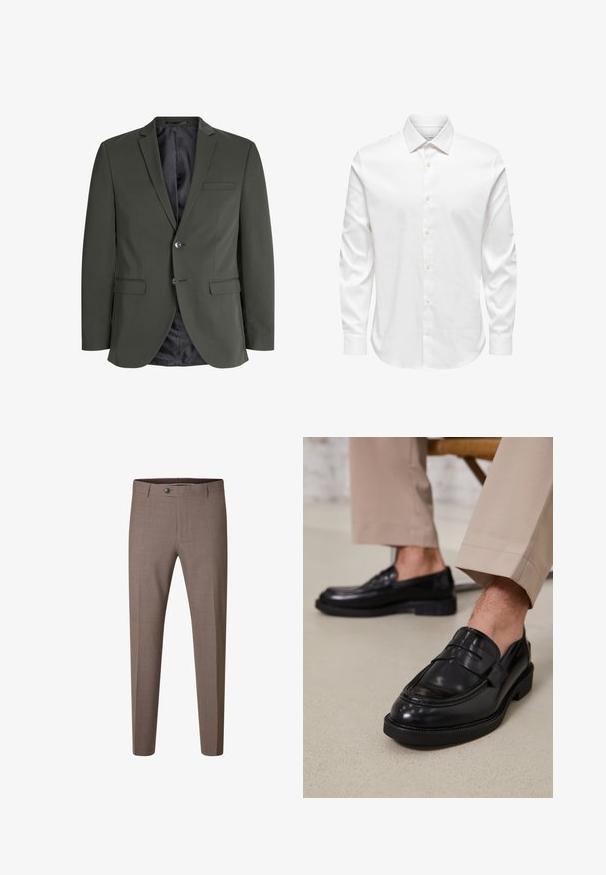 Olijfgroen blazer van gladde stof, met een enkele knoopsluiting, notch revers en twee voorzakken. Gevoerde binnenzijde.; Wit herenshirt met lange mouwen, een puntige kraag en een rij witte knopen aan de voorkant op een effen achtergrond.; Bruine slim-fit formele broek met knoop en riemlussen, afgebeeld tegen een witte achtergrond.; Zwarte leren loafers met een gladde afwerking, voorzien van een decoratieve band en contrasterende stiksels, gecombineerd met beige broeken.