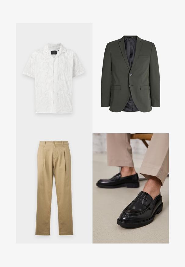 Olivengrøn blazer lavet af glat stof, med enkeltknaplukning, notch-lapper og to forlommer. Foret indeni.; Hvid kortærmet skjorte med delikat broderi af blad- og blomstermønstre. Bemærkelsesværdige detaljer inkluderer en frontknaplukning og en krave.; Beige chinos med lige ben, plisseret front og knaplukning. Glat tekstur og standard taljedesign.; Sorte lædermokkasiner med en glat overflade, der har en dekorativ rem og kontraststing, parret med beige bukser.