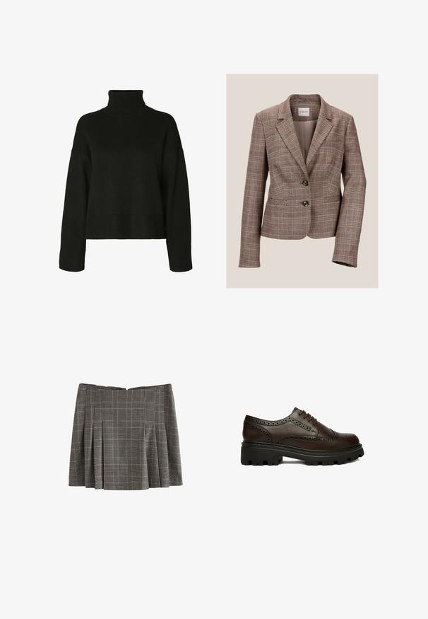 Bruine geruite blazer met een notch-kraag, twee knopen en voorzakken. Gemaakt van een gestructureerde stof, met een getailleerde pasvorm en lange mouwen.; Zwarte coltrui gemaakt van gebreide stof. Heeft lange mouwen, verlaagde schouders en een geribbelde zoom en manchetten voor extra textuur.; Grijze geplooide minirok met een zwart-wit geruit patroon, getoond op een witte achtergrond.; Donkerbruine leren brogue schoen met geperforeerde details en dikke zwarte profielzool, zijkant gezien op een witte achtergrond.
