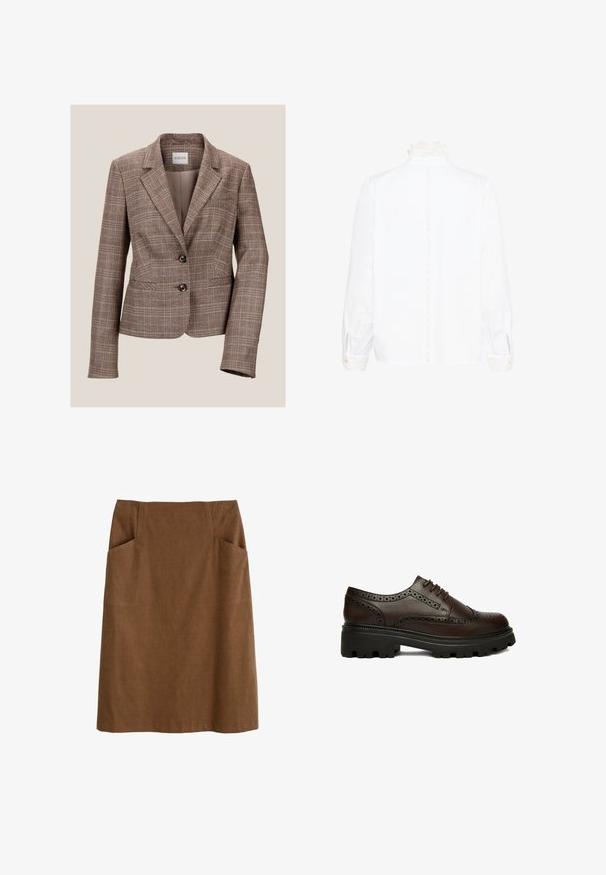 Bruine geruite blazer met een notch-kraag, twee knopen en voorzakken. Gemaakt van een gestructureerde stof, met een getailleerde pasvorm en lange mouwen.; Witte blouse met lange mouwen, voorzien van een kanten hoge kraag en manchetten, met een verticale kanten bies langs de achterkant in het midden.; Bruine katoen rok met een aansluitende taille, twee zijzakken en een rechte snit. De stof heeft een zachte textuur en een subtiele glans.; Donkerbruine leren brogue schoen met geperforeerde details en dikke zwarte profielzool, zijkant gezien op een witte achtergrond.