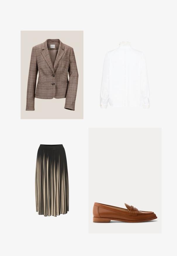 Blazer à carreaux marron avec un col cranté, deux boutons et des poches avant. Fabriqué à partir d'un tissu texturé, il présente une coupe ajustée et des manches longues.; Blouse blanche à manches longues avec col haut en dentelle et poignets, présentant une bordure en dentelle verticale au centre du dos.; Jupe midi plissée en noir et beige avec une taille haute élastiquée, présentant des rayures verticales et un design fluide pour le mouvement.; Mocassin en cuir marron avec petit talon en bois, bride classique pour pièce et détails cousus le long de la pointe et des côtés.