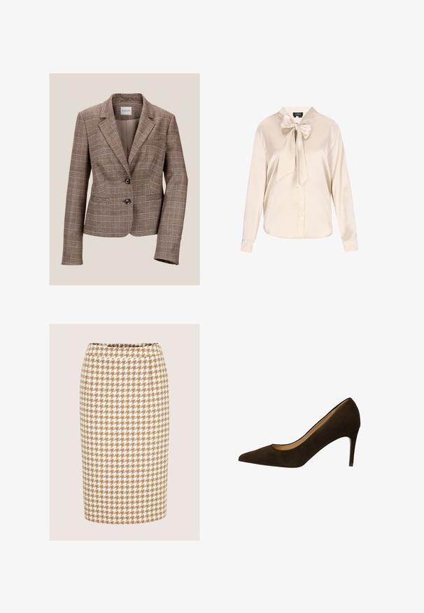 Blazer à carreaux marron avec un col cranté, deux boutons et des poches avant. Fabriqué à partir d'un tissu texturé, il présente une coupe ajustée et des manches longues.; Blouse en satin beige à manches longues, avec un col et un grand nœud papillon au niveau du cou. Fermetures à boutons sur le devant.; Jupe crayon longueur genou avec motif pied-de-poule beige et blanc, taille ajustée et silhouette droite.; Escarpin en daim marron foncé à bout pointu, talon aiguille fin de hauteur moyenne et ouverture basse à l'avant.