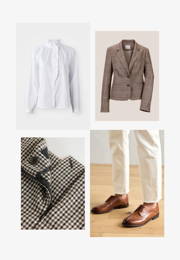 Blazer à carreaux marron avec un col cranté, deux boutons et des poches avant. Fabriqué à partir d'un tissu texturé, il présente une coupe ajustée et des manches longues.; Chemise blanche à manches longues, avec un col haut froncé et un accent de volants verticaux à l'avant. Tissu en coton léger.; Gros plan sur un vêtement beige, noir et blanc à motif pied-de-poule avec un bouton noir et une fermeture éclair noire partiellement ouverte.; Chaussures brogues en cuir marron avec des détails perforés, bout arrondi et finition lisse, associées à un pantalon crème à ourlet effiloché.
