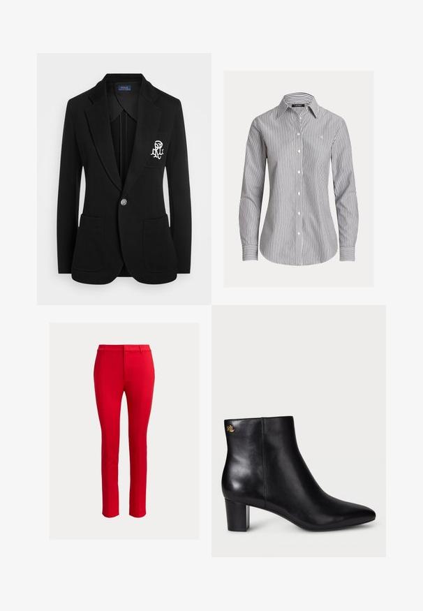 Schwarzer Blazer aus strukturiertem Stoff, mit einem Einknopfverschluss, zwei Fronttaschen und einem gestickten Logo auf der linken Brust.; Schwarz-weiß vertikal gestreiftes Hemd mit langen Ärmeln, Knopfleiste, Kragen und kleinem gesticktem Logo auf der linken Brust.; Rote, maßgeschneiderte Hose mit glatter Textur, schmaler Passform und flacher Vorderseite. Ausgestattet mit Gürtelschlaufen und gebügelten Bügelfalten für ein elegantes Erscheinungsbild.; Schwarze Leder-Stiefelette mit spitzer Zehe und Blockabsatz. Verfügt über ein Gold-Logo-Detail auf der Rückseite. Glatte Textur mit einem eleganten Design.
