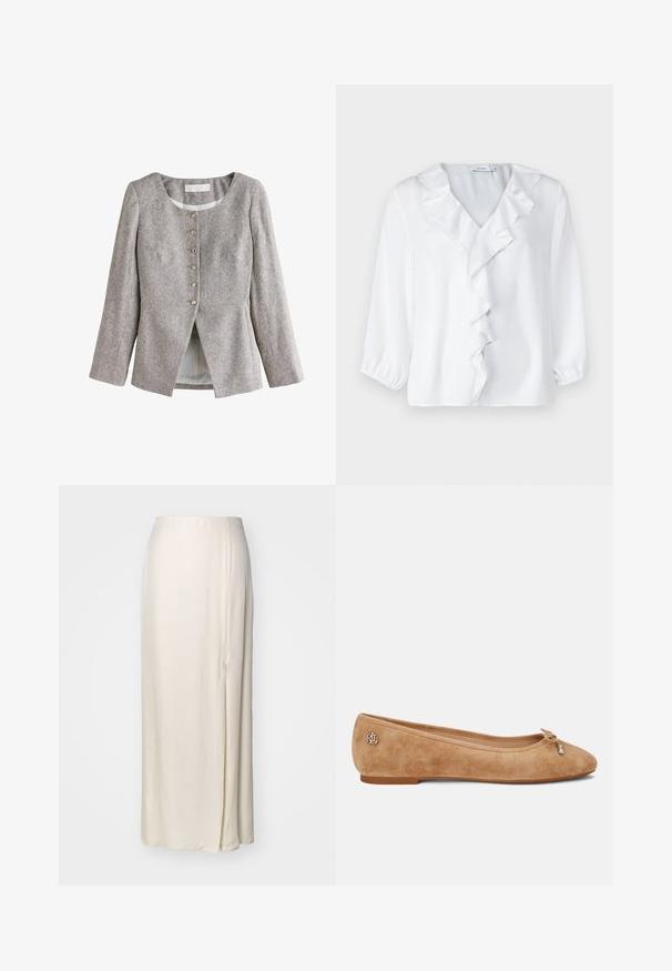 Veste en lin gris à chevrons avec manches longues, encolure ronde, six boutons marron sur le devant, et une légère fente à l'avant de l'ourlet.; Blouse blanche avec des manches 3/4, un col en V et un détail froncé sur le devant. Confectionnée dans un tissu lisse et léger avec une texture douce.; Jupe longue en satin de couleur crème avec une fente sur le côté et une texture lisse et brillante. Présente une taille ajustée et une forme évasée.; Ballet en daim beige avec un léger bout pointu, un accent en nœud sur le devant et un petit logo métallique sur le talon. Semelle plate.