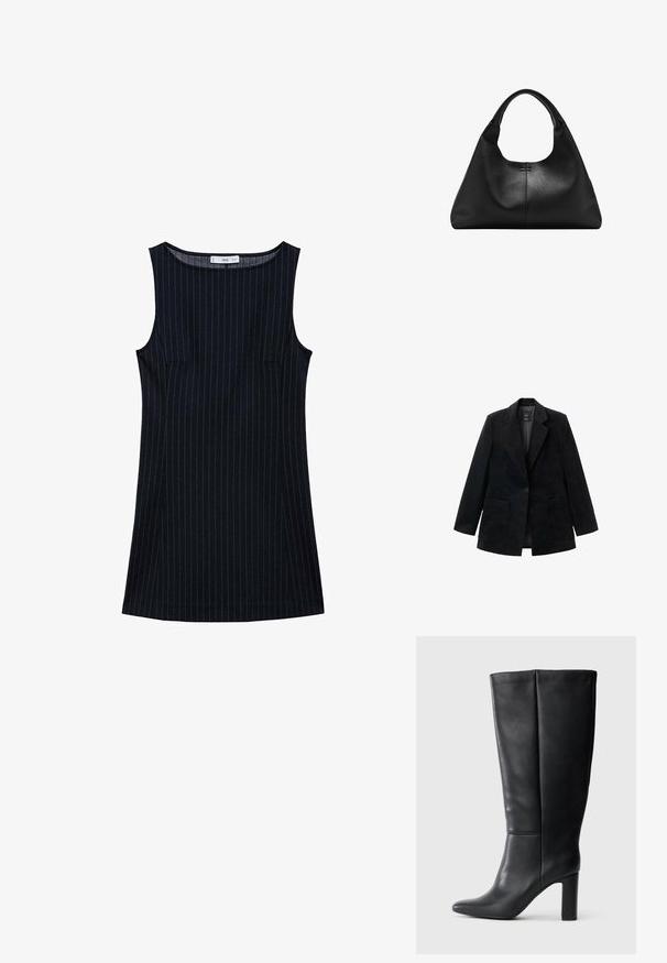 Čierny kordový blazer s jedným gombíkom, klopovými chlopňami a dvoma prednými vreckami. Má hladkú vnútornú podšívku.; Námornícke pruhované šaty bez rukávov s rovnými líniami, obsahujúce bočné vrecká a zaoblený výstrih. Hladká textúra látky.; Čierne kožené čižmy po kolená s špicatou špičkou a blokovým podpätkom. Hladká textúra so subtilnými švovými detailmi.; Čierna kožená kabelka s textúrou, širokým základom a hrubými zaoblenými rukoväťami, s centrálnym vertikálnym švom a jemným šitím.