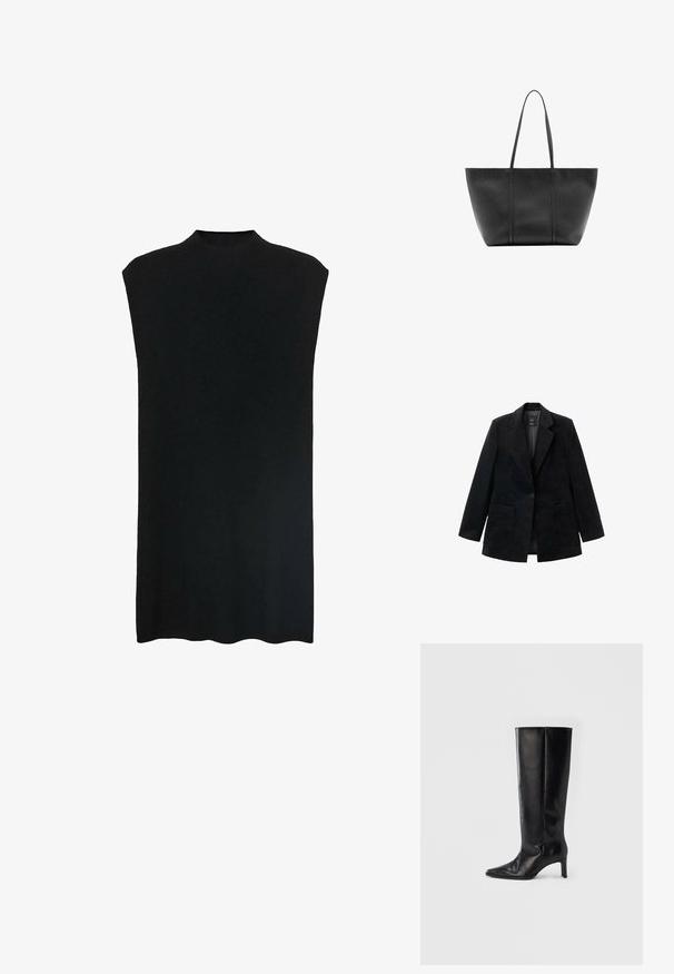 Čierny kordový blazer s jedným gombíkom, klopovými chlopňami a dvoma prednými vreckami. Má hladkú vnútornú podšívku.; Čierna bezrukávová tunika s vysokým výstrihom, jemná tkanina, voľný strih a priamy silueta. Spodný lem je mierne zakrivený.; Čierne čižmy po kolená z hladkej kože, so špicatou špičkou a úzkym podpätkom, s priliehavou časťou na nohe a minimalistickým dizajnom.; Čierna kožená taška typu tote s dlhými úzkymi rukoväťami, textúrovaným povrchom a širokým otvoreným vrchom.