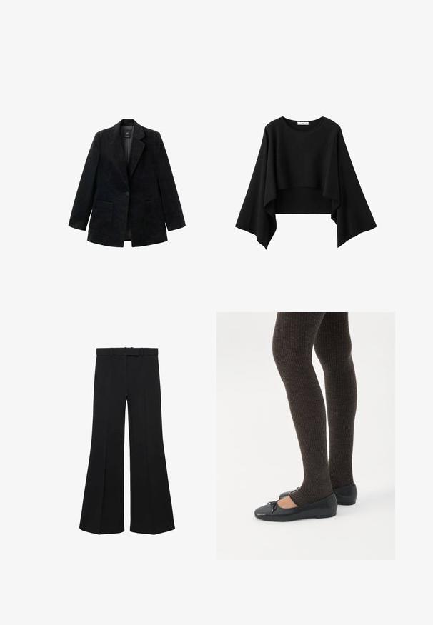 Zwarte corduroy blazer met een enkele knoopsluiting, notch-revers en twee voorkezen. Voorzien van een zachte binnenvoering.; Zwart cropped top met wijde, vloeiende lange mouwen en een ronde halslijn, gemaakt van zachte stof.; Zwarte wijde broek met hoge taille, gestructureerd ontwerp en voorplooien. Gemaakt van een gladde stof met een discrete tailleband en riemlussen.; Benen met donkere geribbelde leggings gecombineerd met zwarte ballerina's met kleine strikdetails op een witte achtergrond.