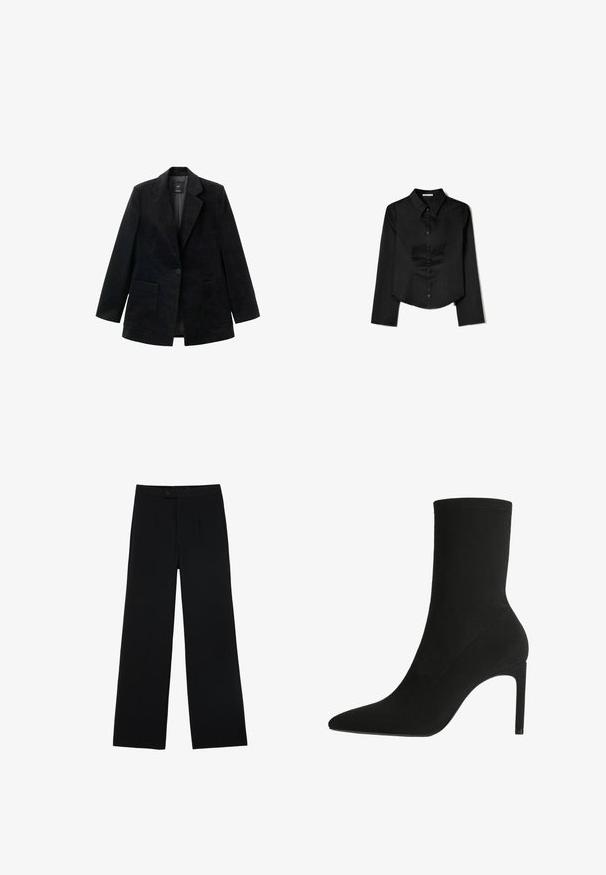 Sort fløjlsblazer med en enkelt knaplukning, hakkede revers og to forlommer. Har en glat inderside.; Sort langærmet skjorte lavet af glat stof, med en spidse krave, frontlukning med knapper og en cropped kant med sidelæg.; Sorte vidde bukser lavet af glat stof, med en frontknaplukning og to plissee for ekstra detaljer. Skræddersyet design i det hele taget.; Sort ankelstøvle fremstillet af blødt suede, med spids tå og høj stilettohæl. Minimalistisk design uden synligt hardware eller mønstre.