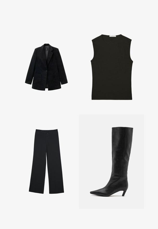 Sort fløjlsblazer med en enkelt knaplukning, hakkede revers og to forlommer. Har en glat inderside.; Sort ærmeløs top lavet af glat stof; tætsiddende design med rund halsudskæring; ingen synlige mønstre eller detaljer.; Bredde bukser i sort stof, der har frontlommer og lukning med knap. Glat tekstur, skræddersyet pasform og fuld længde.; RAID FLAURA - Høje støvler/ Støvler - black
