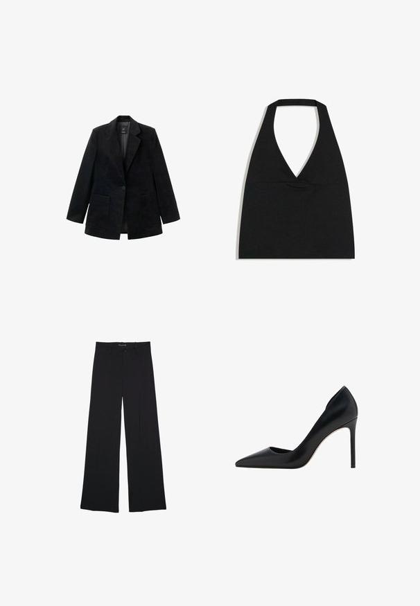 Sort fløjlsblazer med en enkelt knaplukning, hakkede revers og to forlommer. Har en glat inderside.; Sort halterneck crop top med dyb V-udskæring og bred nakkestrop mod en hvid baggrund.; Sorte bukser med vide ben, bæltestropper, knaplukning foran og lynlås, lagt fladt på en hvid baggrund.; Mango Højhælede pumps - black