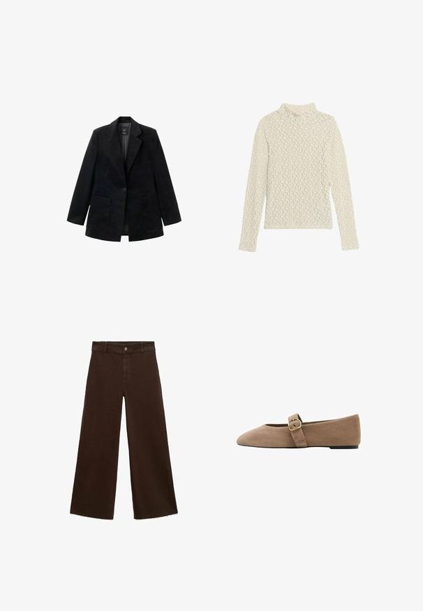 Zwarte corduroy blazer met een enkele knoopsluiting, notch-revers en twee voorkezen. Voorzien van een zachte binnenvoering.; Crème kleurige coltrui gemaakt van textuurstof met een verhoogd, bloemig patroon. Lange mouwen en een aansluitende pasvorm.; Bruine wijde broek in katoenmix, met een rafelige zoom, sluiting met een knoop aan de voorkant en een klassieke vijf-pocketstijl. Minimalistisch en veelzijdig.; Plate taupe suède schoen met een puntige neus en een gesp aan de zijkant. Minimalistisch ontwerp met een lage zwarte zool.