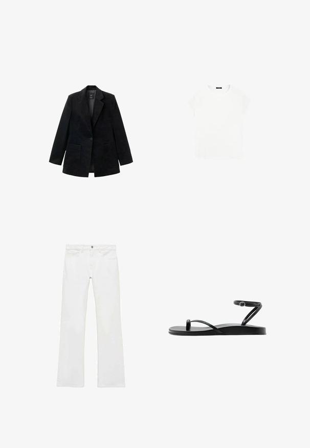 Schwarzes Cordblazer mit einem einzigen Knopfverschluss, Reverskragen und zwei vorderen Taschen. Verfügt über ein glattes Innenfutter.; Weißes Baumwoll-T-Shirt mit rundem Ausschnitt und kurzen Ärmeln. Einfaches Design, ohne Muster oder Akzente. Weiche, glatte Textur.; Weiße, ausgestellte Jeans aus einem glatten Baumwollstoff, mit fünf Taschen, einem Metallknopfverschluss und Gürtelschlaufen. Die Beine haben ein leichtes Verfeinerungsdetail.; Schwarze flache Sandale mit dünnen Riemen, Zehenschlaufe und Knöchelriemen mit kleiner runder Schnalle, im Seitenprofil dargestellt.
